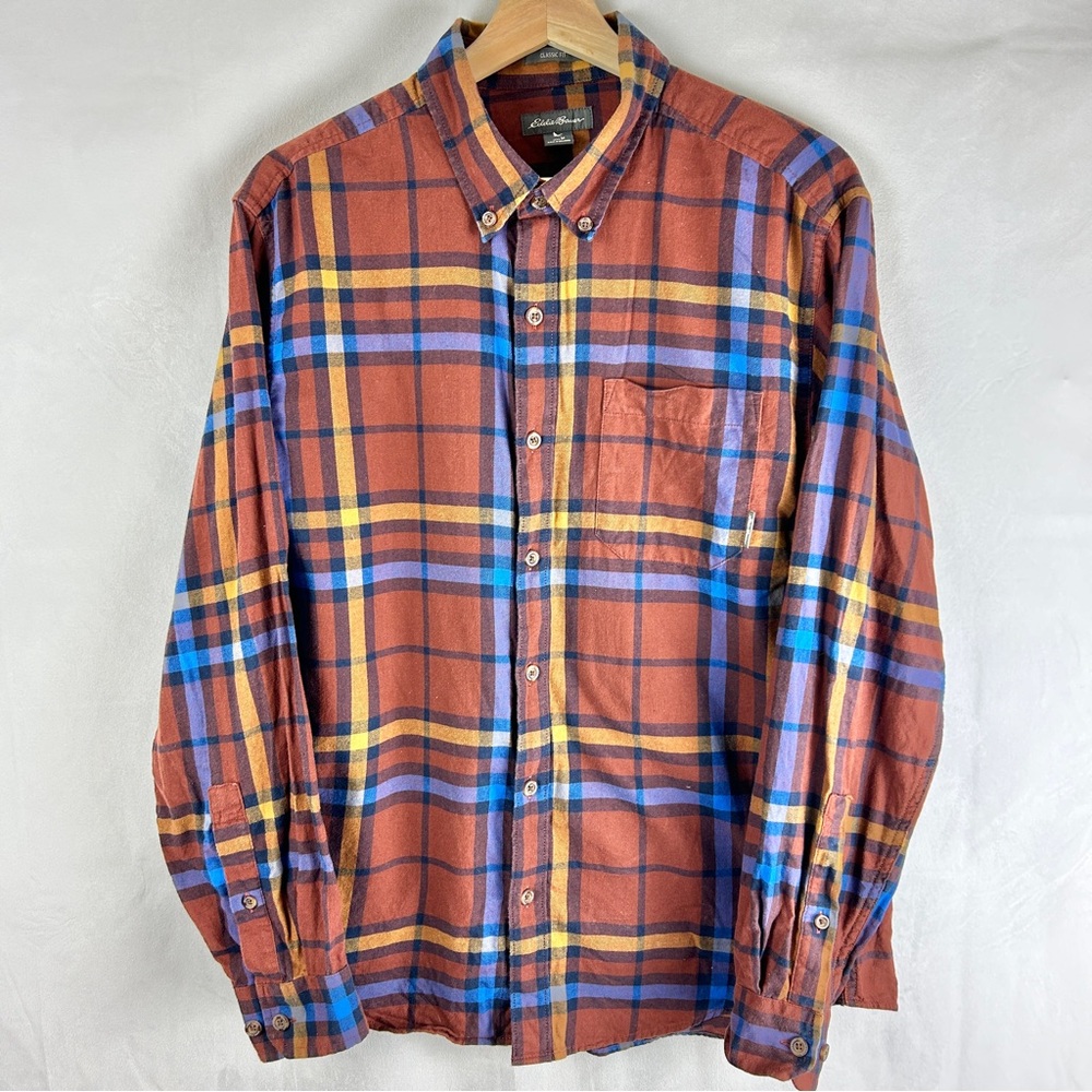 EDDIE BAUER Men's Flannel Buttondown Shirt Size Medium Classic Fit Brown Blue